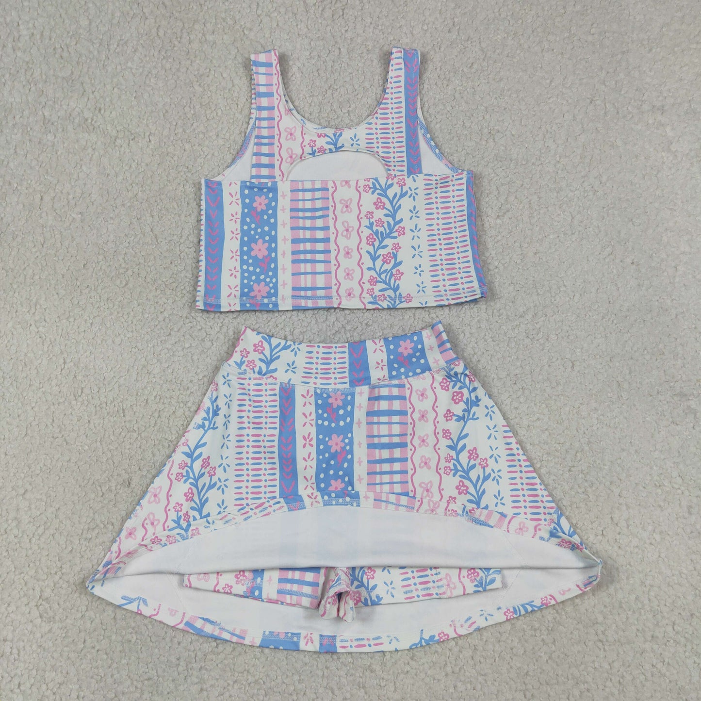 Baby Girls Blue Pink Flowers Vest Top Skirt Short Yoga Active Clothes Sets