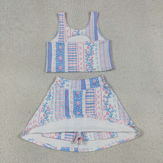 Baby Girls Blue Pink Flowers Vest Top Skirt Short Yoga Active Clothes Sets