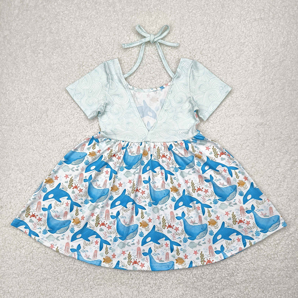 Baby Girls Blue Whale Short Sleeve Knee Length Dresses