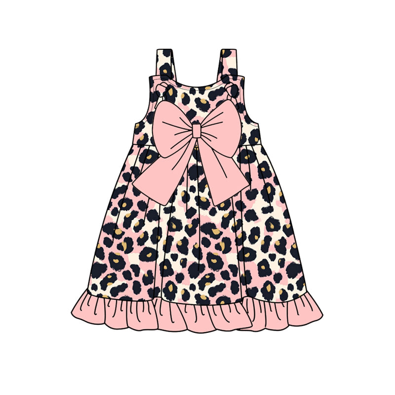 Baby Girls Pink Leopard Bow Knee Length Dresses Preorder