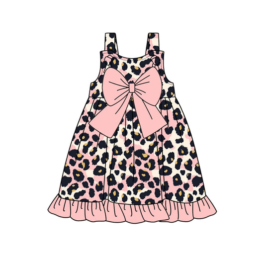 Baby Girls Pink Leopard Bow Knee Length Dresses Preorder