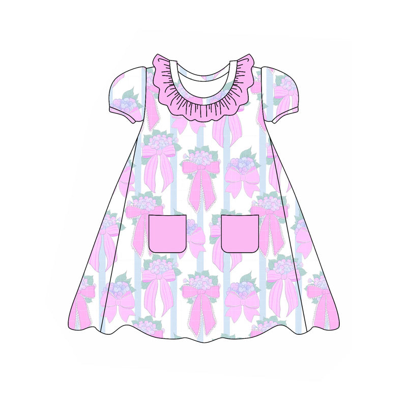 Baby Girls Pink Flowers Bows Pockets Knee Length Dresses Preorder