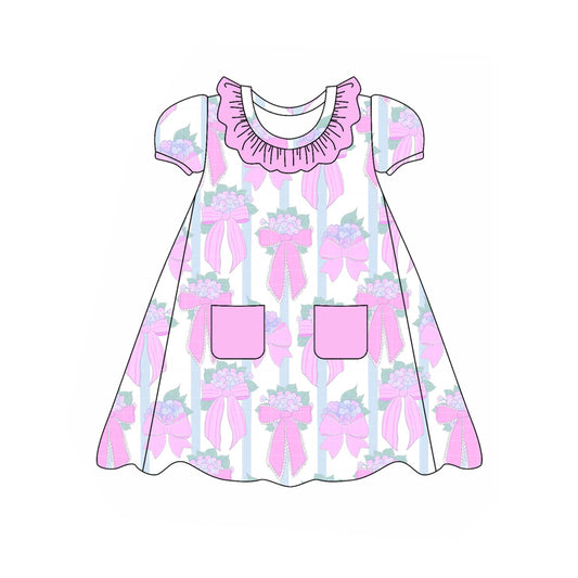 Baby Girls Pink Flowers Bows Pockets Knee Length Dresses Preorder