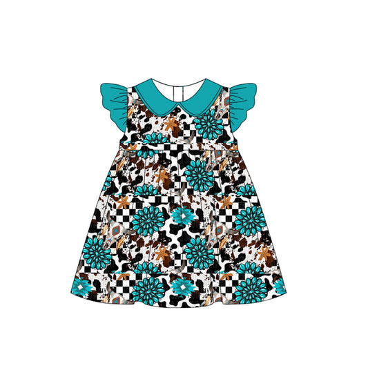 Baby Girls Turquoise Cow Flutter Sleeve Knee Length Dresses Preorder