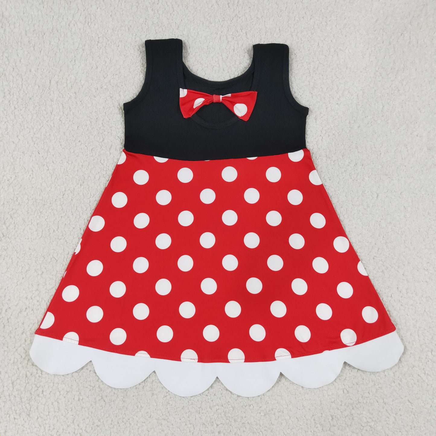 Baby Girls Black Sleeveless Polka Dots Scallop Knee Length Dresses