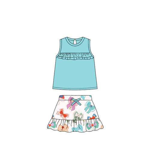 Baby Girls Aqua Sleeveless Shirts Colorful Bows Skirt Sets Preorder
