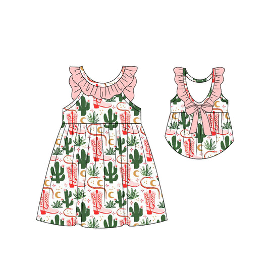 Baby Girls Western Cactus Boots Ruffles Bows Knee Length Dresses Preorder