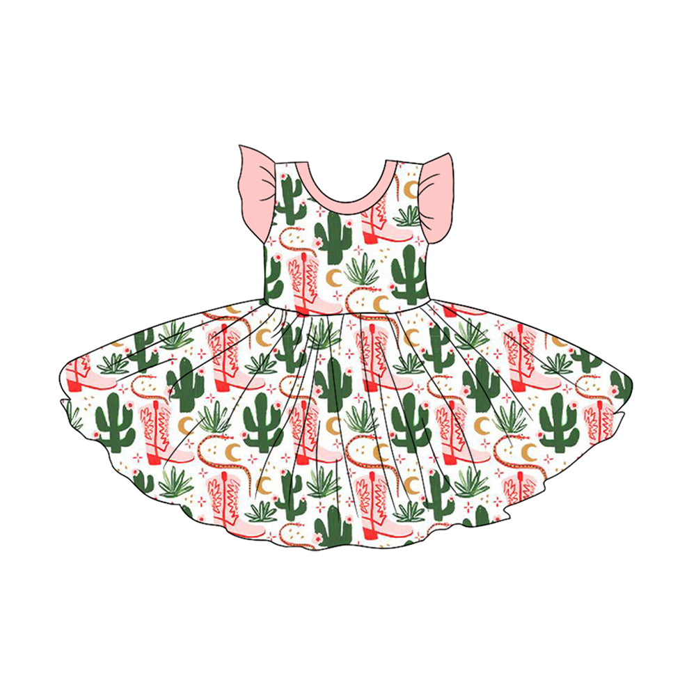 Baby Girls Western Cactus Boots Knee Length Dresses Preorder