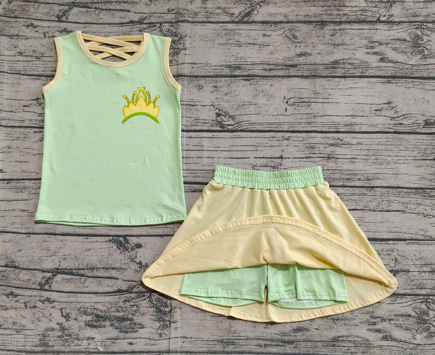 Baby Girls Green Crown Princess Shirt Skirt Clothes Sets