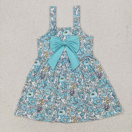 Baby Girls Blue Flowers Big Bow Knee Length Dresses