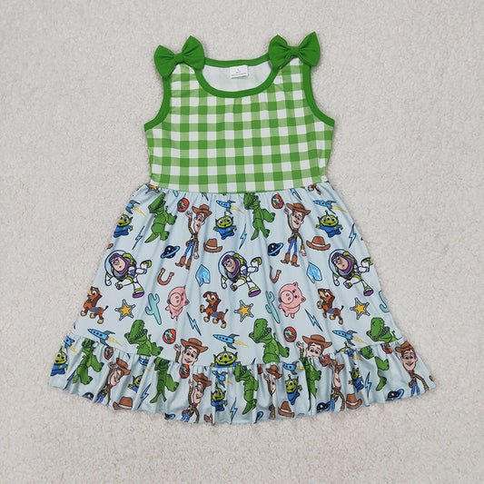 Baby Girls Green Checkered Toy Western Bows Knee Length Dresses