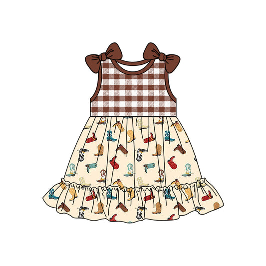 Baby Girls Brown Checkered Western Boots Bows Knee Length Dresses Preorder