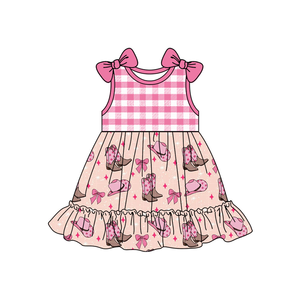 Baby Girls Pink Checkered Western Boots Bows Knee Length Dresses Preorder