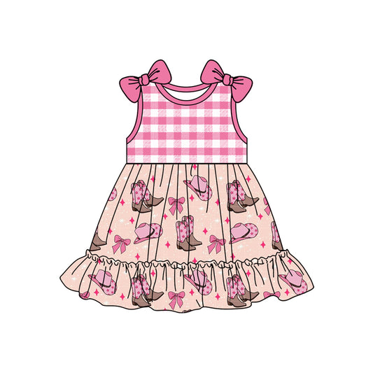 Baby Girls Pink Checkered Western Boots Bows Knee Length Dresses Preorder