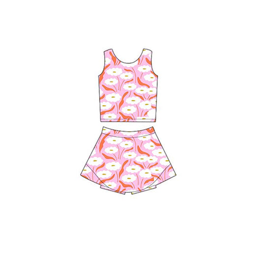 Baby Girls Pink White Flowers Yoga Vest Skirt Active Wear Sets Preorder