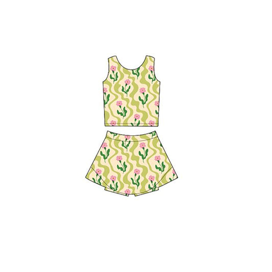 Baby Girls Green Stripes Flowers Yoga Vest Skirt Active Wear Sets Preorder