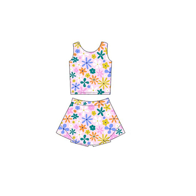 Baby Girls Pink Colorful Flowers Yoga Vest Skirt Active Wear Sets Preorder