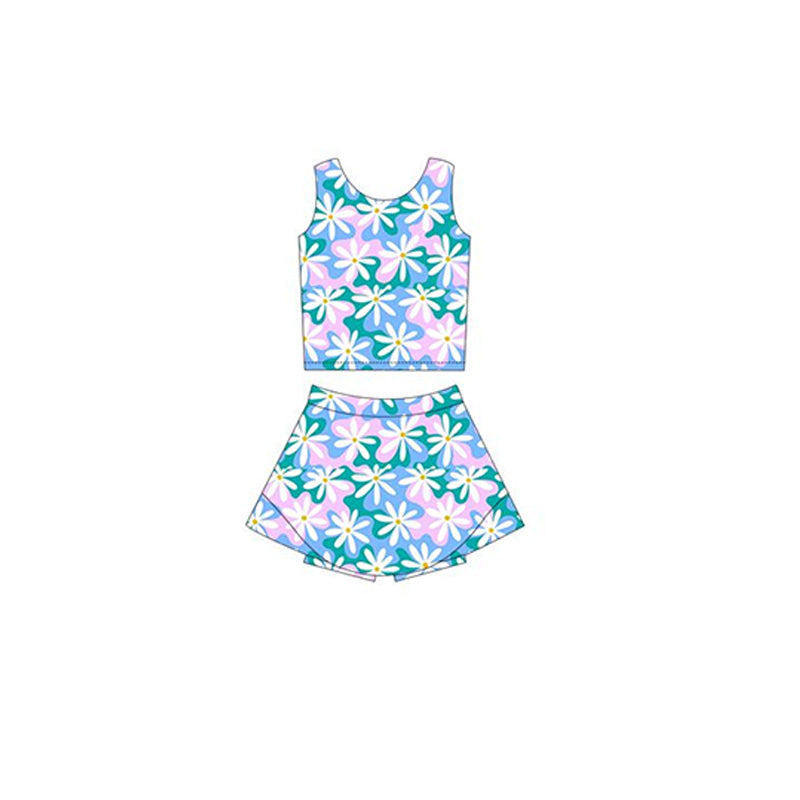 Baby Girls Blue White Flowers Yoga Vest Skirt Active Wear Sets Preorder