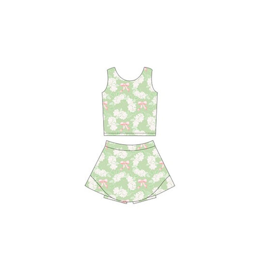 Baby Girls Green White Flowers Yoga Vest Skirt Active Wear Sets Preorder