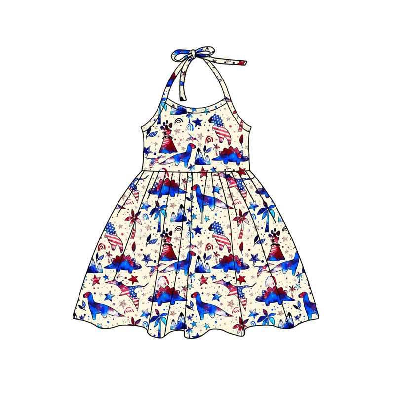 Baby Girls 4th Of July Dinosaur Halter Knee Length Dresses preorder