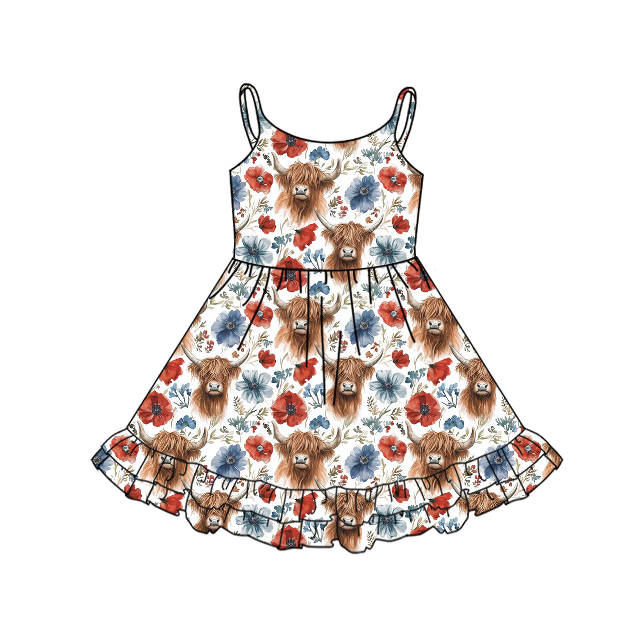 Baby Girls 4th Of July Highland Cow Flowers Straps Knee Length Dresses preorder