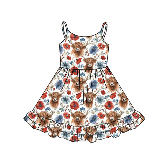 Baby Girls 4th Of July Highland Cow Flowers Straps Knee Length Dresses preorder