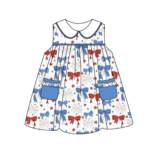 Baby Girls 4th Of July Blue Red Bows Sleeveless Knee Length Dresses preorder