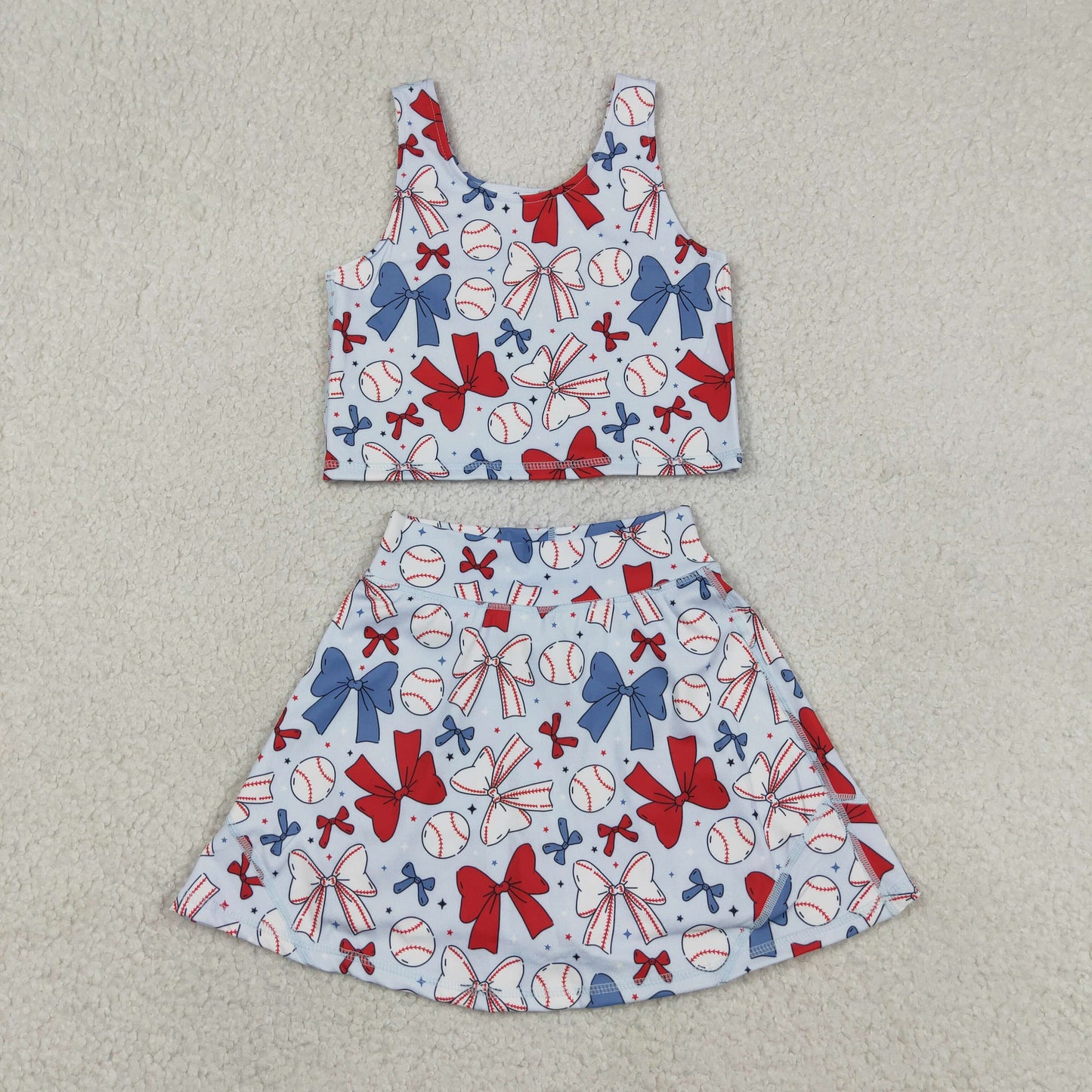 Sibling Baby Girls Baseball 4th Of July Yoga Active Wear Vest Skort Sets Knee Length Dresses