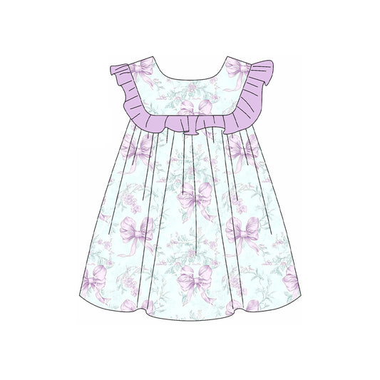 Preorder moq 5 Baby Girls Purple Flowers Flutter Sleeve Knee Length Dresses
