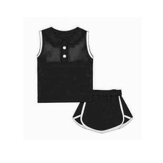Preorder moq 5 Baby Girls Black Sleeveless Button Vest Top Shorts Cotton Clothes Sets