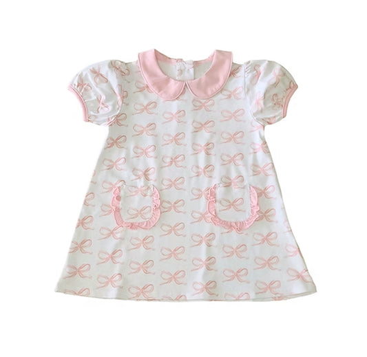 Preorder moq 5 Baby Girls Pink Short Ruffle Sleeves Bows Pockets Dress