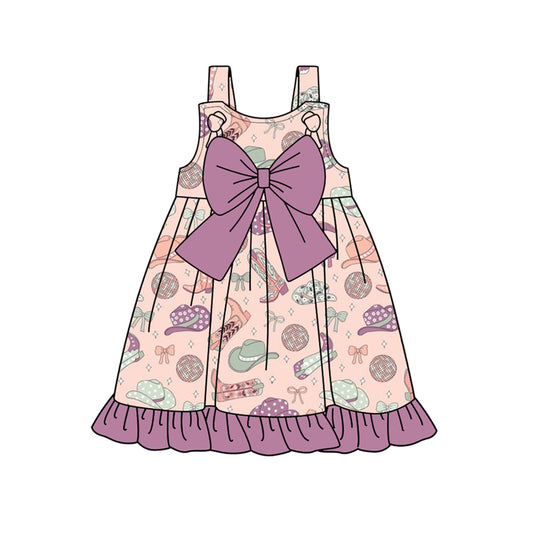 Baby Girls Pink Strap Boots Hats Purple Bow Top Knee Length Dress Preorder