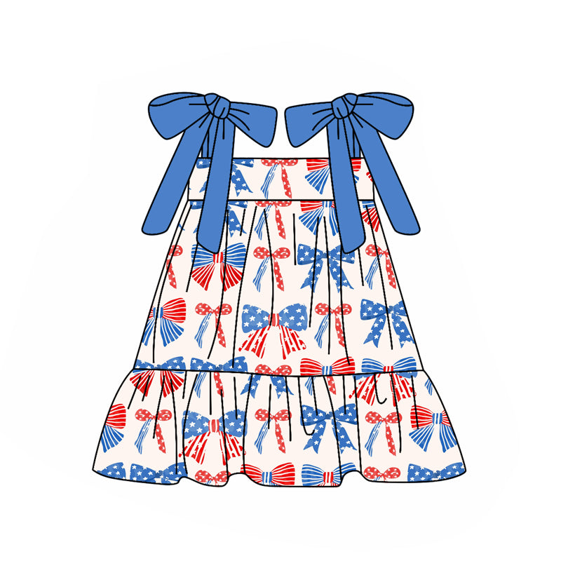 Baby Girls Blue Strap Red Blue Bows Stars 4th Of July Knee Length Dress Preorder