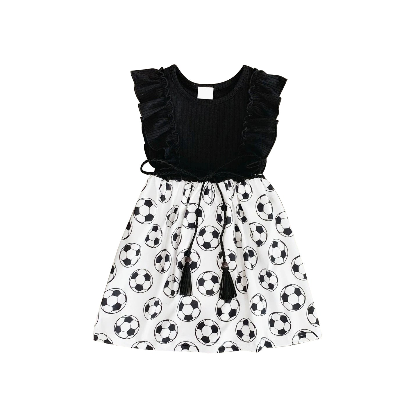 Baby Girls Black Flutter Sleeves Footballs Belt Knee Length Dresses Preorder