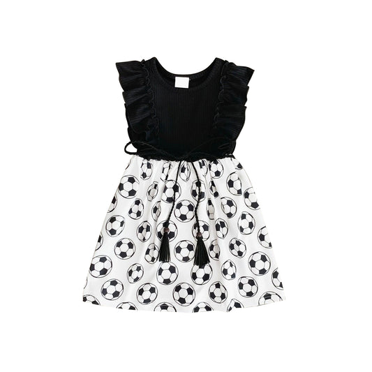 Baby Girls Black Flutter Sleeves Footballs Belt Knee Length Dresses Preorder