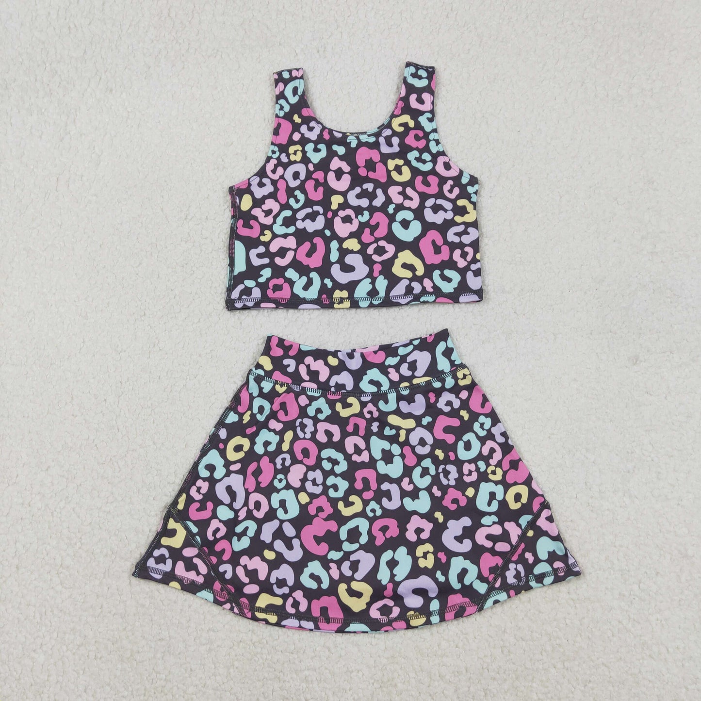 Sibling Baby Girls Sleeveless Colorful Leopard Vests Skirt Shorts Yoga Active Clothes Set