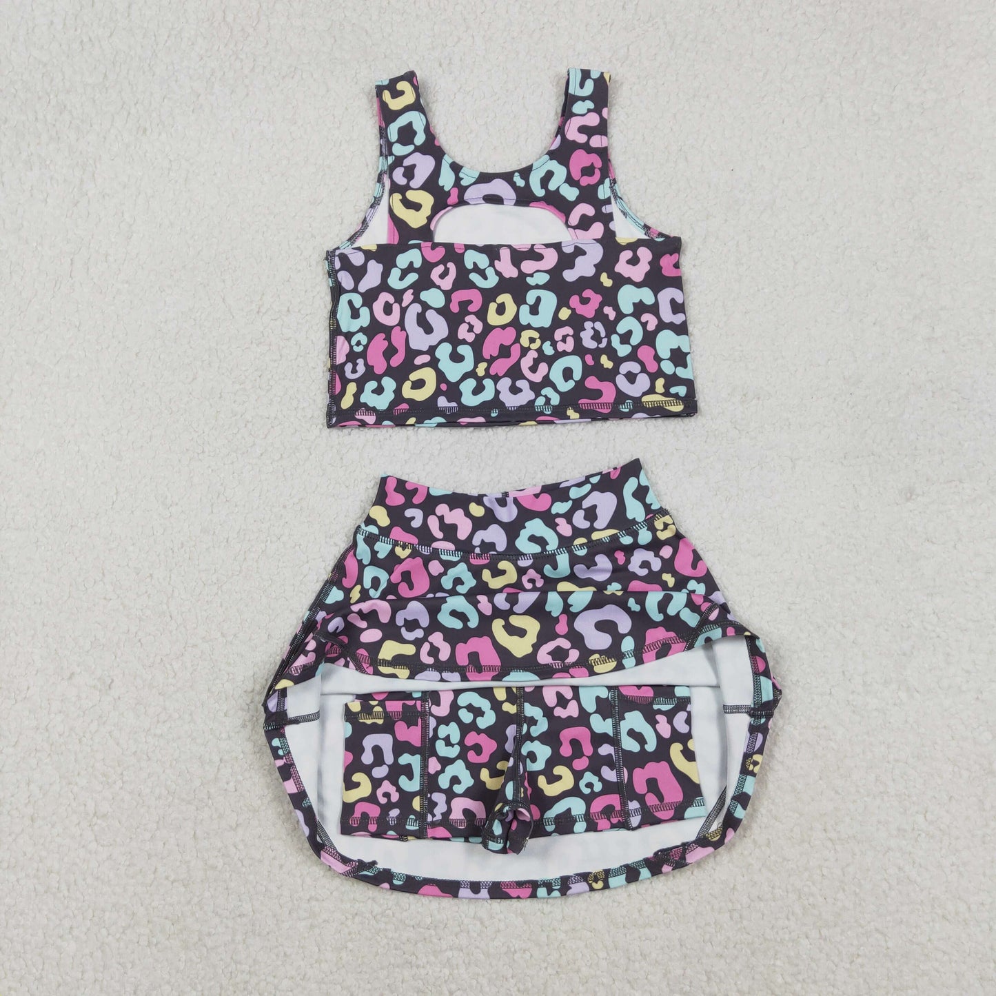 Sibling Baby Girls Colorful Leopard Shorts Yoga Clothes Set Knee Length Dresses