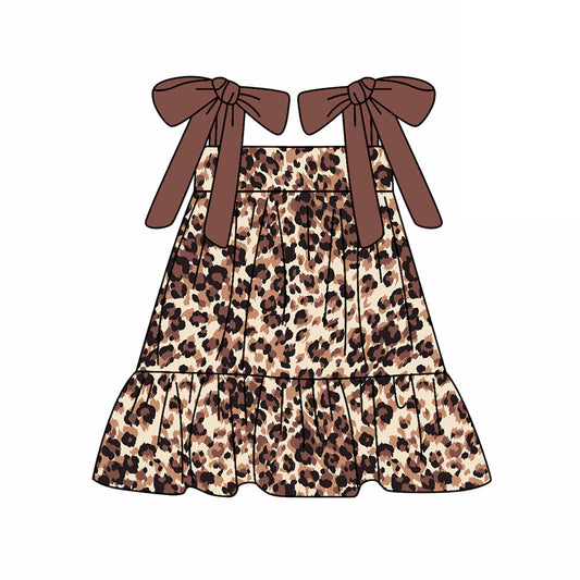 Preorder moq 5 Baby Girls Dark Brown Bows Strap Leopard Knee Length Dresses