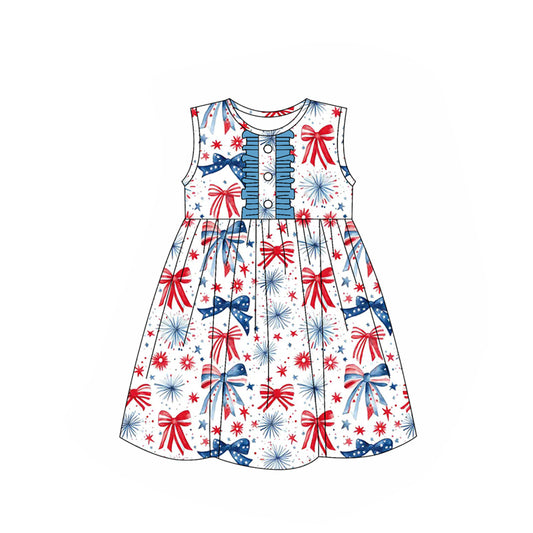 Baby Girls Sleeveless Butter Blue Red Bows Fireworks 4th Of July Knee Length Dresses preorder