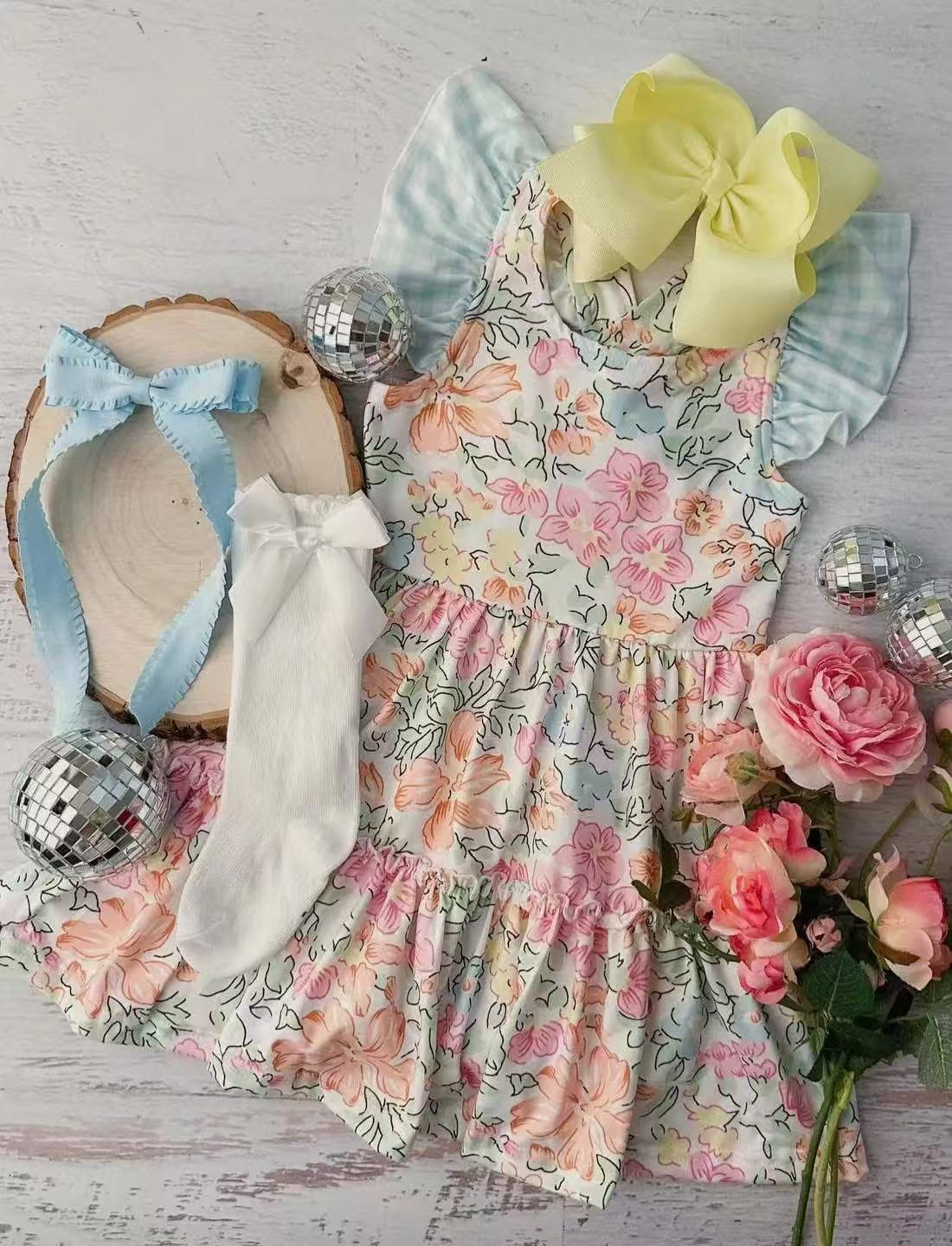 Preorder moq 5 Baby Girls Pink Sleeveless Floral Patchwork Knee Length Dresses