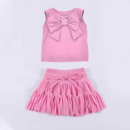 Baby Girls Pink Sleeveless Bow Top Vest Patchwork Skirt Clothes Set Preorder