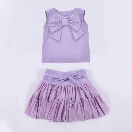 Baby Girls Purple Sleeveless Bow Top Vest Patchwork Skirt Clothes Set Preorder