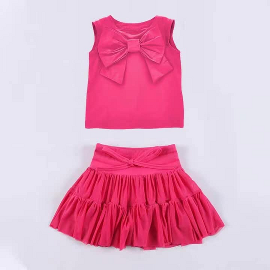 Baby Girls Hot Pink Sleeveless Bow Top Vest Patchwork Skirt Clothes Set Preorder