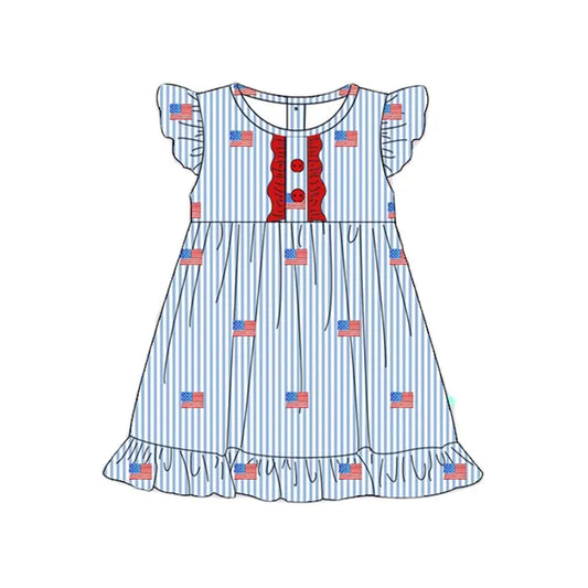Baby Girls Stripe Flutter Sleeves Button Flags 4th Of July Knee Length Dresses Preorder