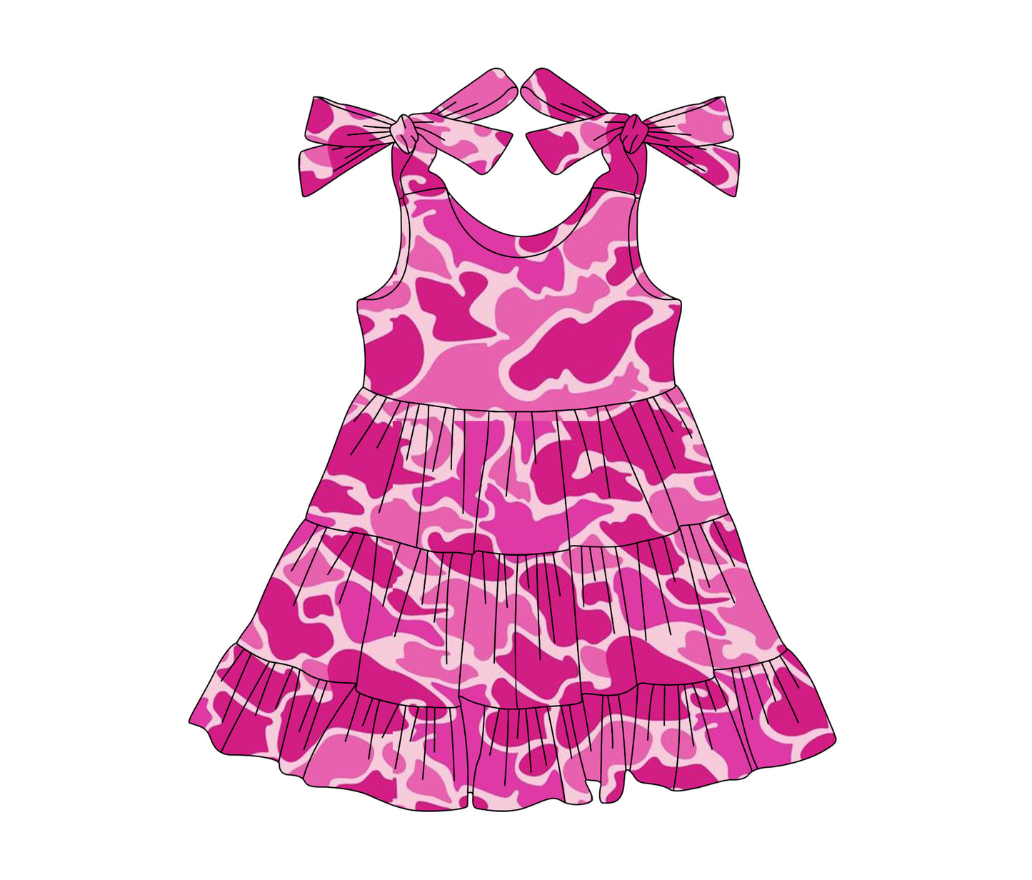 Preorder moq 5 Baby Girls Pink Bows Strap Camo Print Patchwork Knee Length Dresses