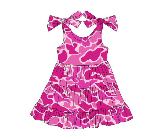 Preorder moq 5 Baby Girls Pink Bows Strap Camo Print Patchwork Knee Length Dresses