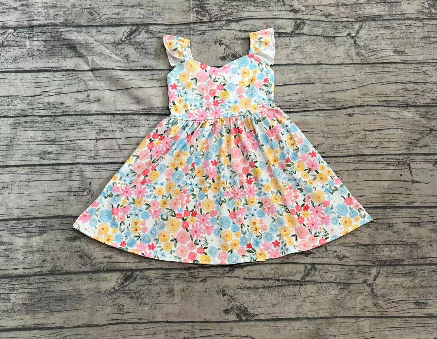 Baby Girls Flutter Sleeves Yellow Floral Backless Bow Knee Length Dresses