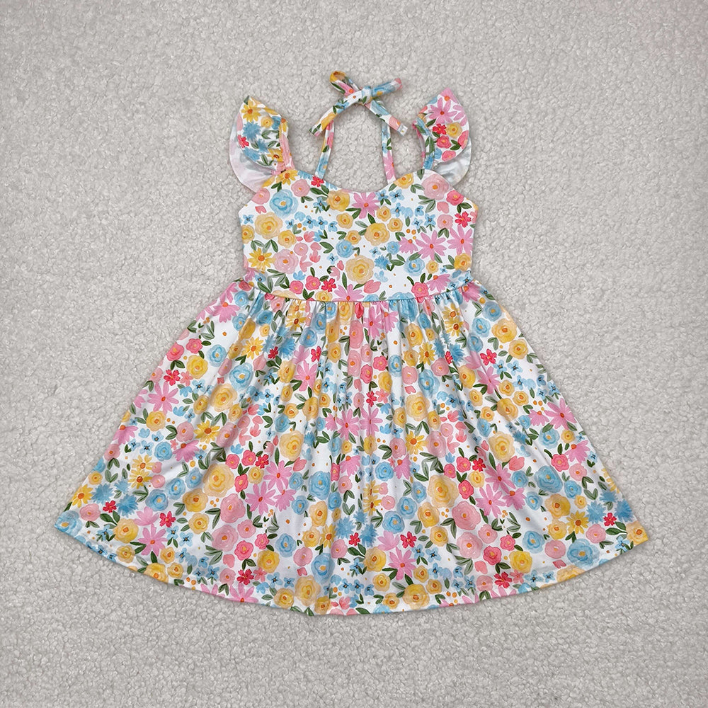 Baby Girls Flutter Sleeves Yellow Floral Backless Bow Knee Length Dresses