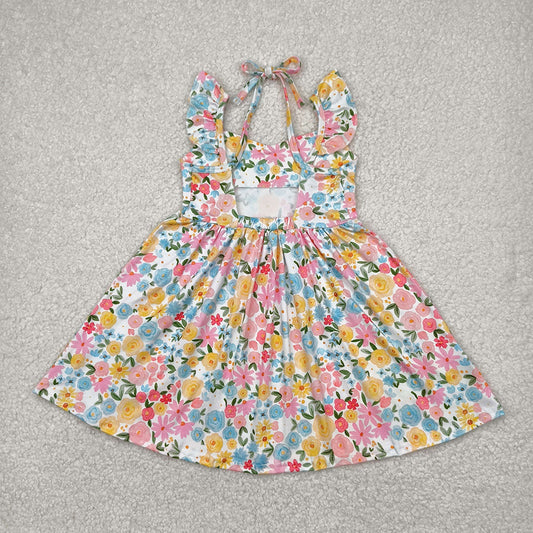 Baby Girls Flutter Sleeves Yellow Floral Backless Bow Knee Length Dresses