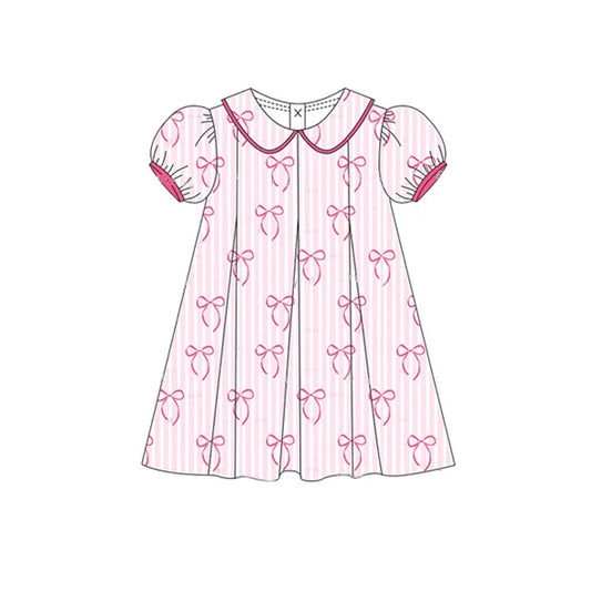 Baby Girls Short Ruffle Sleeves Pink Stripe Bows Knee Length Dresses Preorder